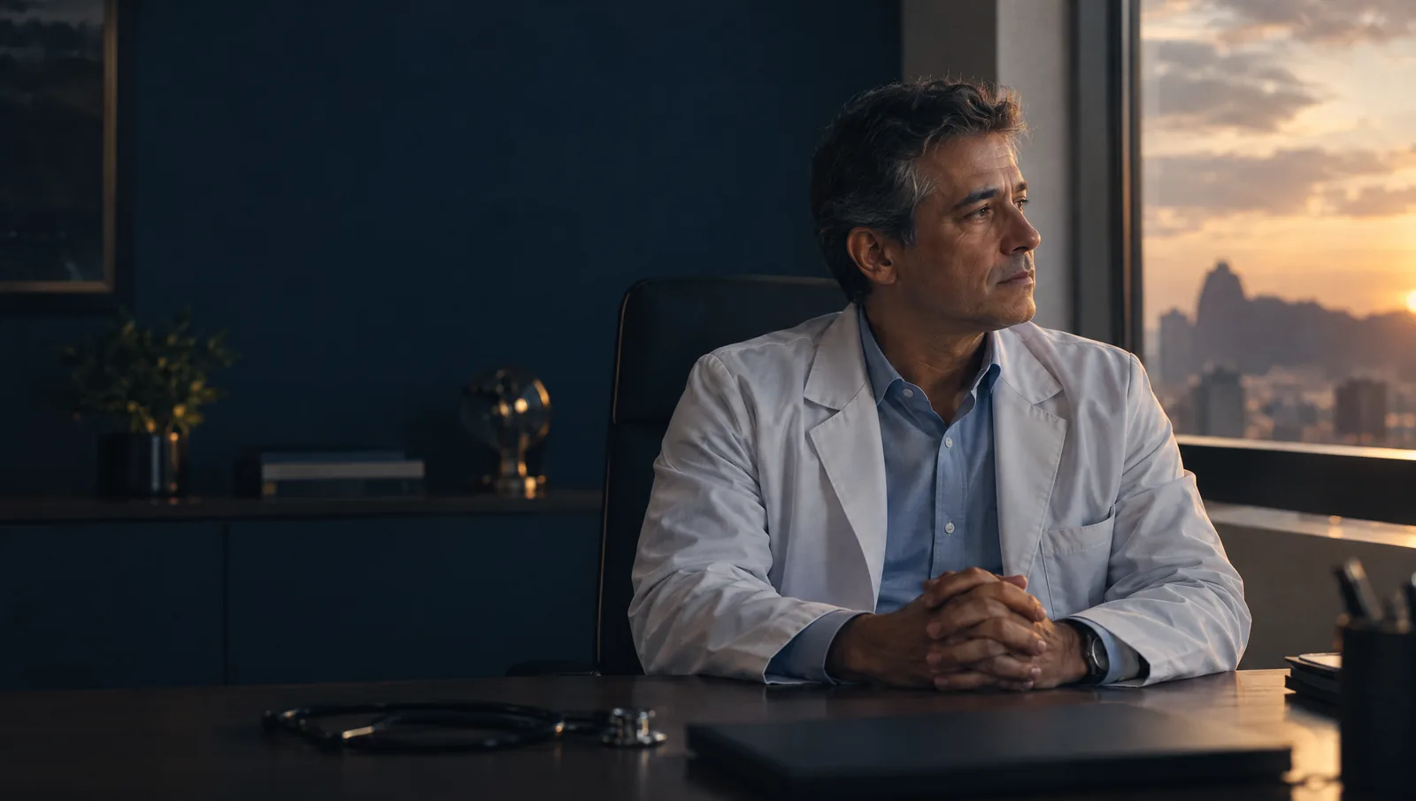 Médico sentado em seu consultório ao entardecer, olhando pela janela