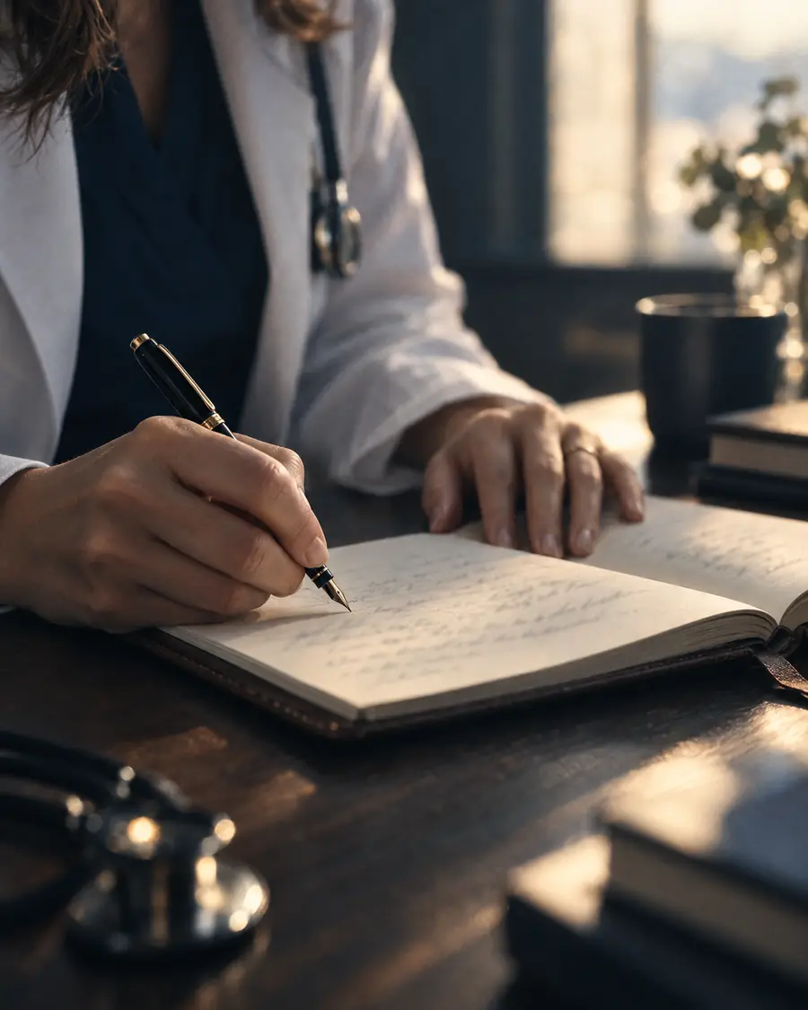 Mãos de uma médica escrevendo em um caderno com caneta-tinteiro