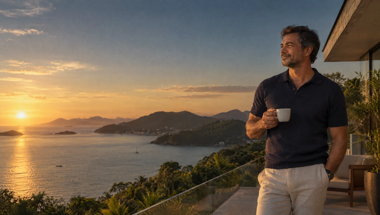 Médico de folga tomando café em um terraço com vista para o mar ao pôr do sol